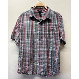 Marmot Mens Large Short Sleeve Button Up Shirt Plaid Red Gray